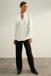 Ecru Cut Out Detailed Oversize/Wide Fit Satin Woven Shirt