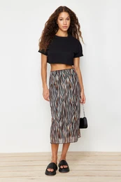 Brown Elastic Waist, Printed Midi-Length Lined Tulle Knitted Skirt