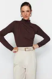 Brown Gathered Detailed High Neck Snap Snap Elastic Knitted Bodysuit