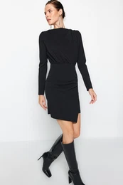 Black Premium Textured Crepe Drape Detailed Mini Knitted Dress