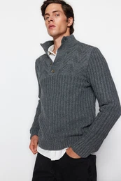 Grey Unisex Fit Wool Half Turtleneck Knitwear Sweater