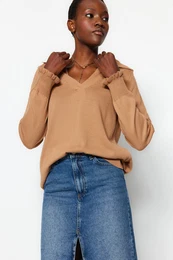 Camel Polo ovratnik Pletenine pulover