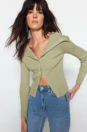 Khaki Crop Turndown Neck Pleten svetr