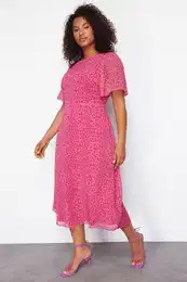 Curve Fuchsia Animal Print A-line Midi Woven Dress
