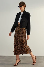 Brown Premium High Quality Animal Print Satin Midi Skirt