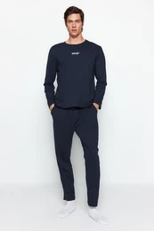 Navy Blue Printed Knitted Pajamas Set