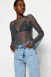 Anthracite Fitted Crew Neck Lace Elastic Blouse