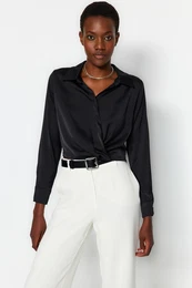 Black Crop Shirt Collar Satin Woven Blouse