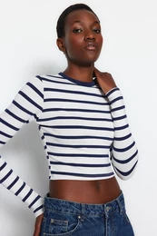 Navy Blue Striped Premium Viscose Soft Fabric Fitted Crop Stretchy Knitted Blouse