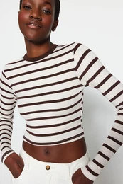 Brown Striped Premium Viscose Soft Fabric Fitted Crop Stretchy Knitted Blouse