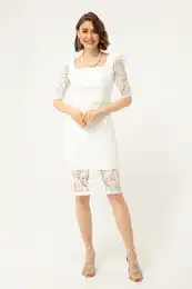Women's White Square Neck Lace Midi Evening Dress