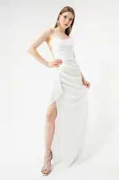 Women's White Bust Draped Glittery Slit Evening Dress.