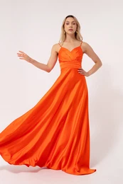 Women's Orange Long Satin Evening Dress & Prom Dress with Thread Straps and Waist Belt