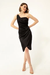 Women's Black One-Shoulder Midi Satin Evening Dress.