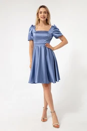 Women's Indigo Balloon Sleeve Flared Cut Midi Satin Evening Dress