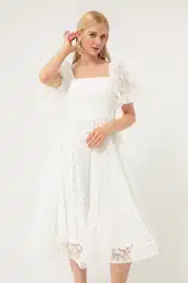 enski beli balon rokav bleea midi veerna obleka