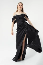 Women's Black Boat Neck Slit Long Satin Evening Dress