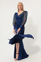 Women's Navy Blue Double Breasted Collar Silvery Long Satin Evening Dress