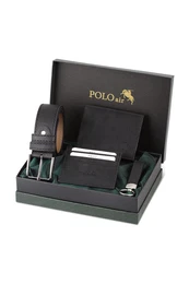 Belt, Wallet, Card Holder, Keychain, Black Set in a Gift Box
