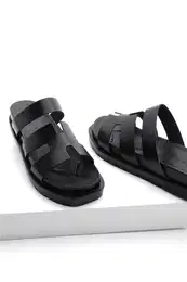 Women's Genuine Leather Daily Slippers with Single Strap Belvin Black