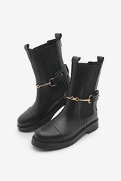 Women's Genuine Leather Casual Boots With Elastic Side Straps, Gold Chain Buckle Lorve black.