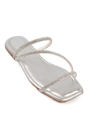 With Capone Stones, 3-Stripes, Flat Heel, Quilted Silver Women's Slippers.