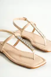 Capone Patent Leather Ankle Strap with Stitching Studs Flat Heel Women Beige Women's Sandals