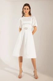 Women's White Balloon Sleeve Stone Belted Mini Satin Evening Dress