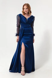 Women's Navy Blue V Neck Sleeves Stoned Slit Long Evening Dress