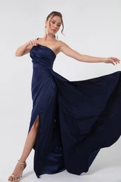 Women's Navy Blue One-Shoulder Satin Evening Dress & Graduation Dress