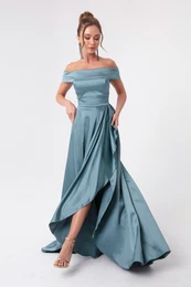 Women's Mint Green Boat Neck Satin Evening Dress & Prom Dress