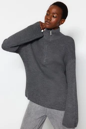 Anthracite Zippered Stand Collar Knitwear Sweater
