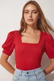 Rdeča Bluza s Puf Rokavi za dame image