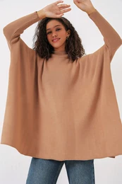 15783 Slit Poncho Sweater - Biscuit
