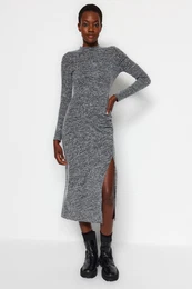 Anthracite Crew Neck Fluffy Midi Slit and Gathered Detail Fitted Knitted Dress