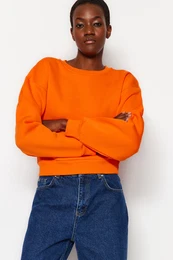 Orange Relaxed Cut Crop Basic Crew Neck Thick Fleece Inside Knitted Sweatshirt