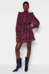 Brown Limited Edition Flounce Detailed Chiffon Woven Winter Dress