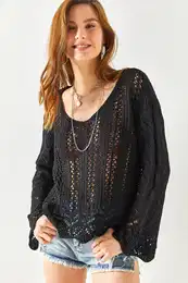 Women's Black Spanish Sleeve Geometric Detailed Cotton Knitwear Blouse