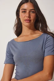 Happiness stanbul Women's Anthracite Wing Embroidered Viscose Knitted T-Shirt