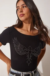Happiness stanbul Women's Black Wing Embroidered Viscose Knitted T-Shirts