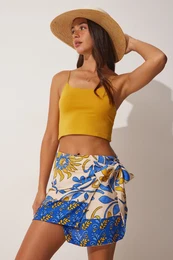 Happiness stanbul Women's Blue Beige Patterned Tie Mini Viscose Skirt