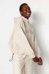 Stone Thick Inner Fleece Knitwear Tape Detailed Hooded Knitted Sweatshirt