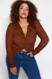 Curve Brown Fitted Gathered Knitted Shirt