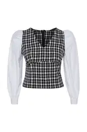 Curve White V-Neck Tweed Patterned Long Sleeve Blouse