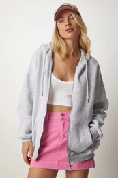 Happiness stanbul Women's Gray Hooded Zipper Oversize Sweatshirt