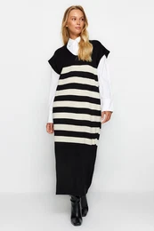 Black V Neck Striped Knitwear Sweater Dress