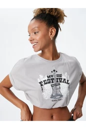 Crop T-Shirt Relaxed Fit Motto Printed Crew Neck Short Sleeve