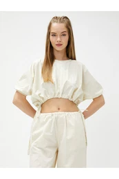 Crop Blouse with Tie Waist Detail, Balloon Sleeves, Crew Neck