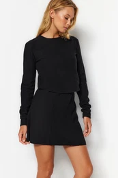 Black Low Shoulder Crew Neck Crop Thessaloniki/Knitwear Look Knitted Blouse