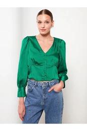 Women's V-Neck Straight Long Sleeve Satin Blouse